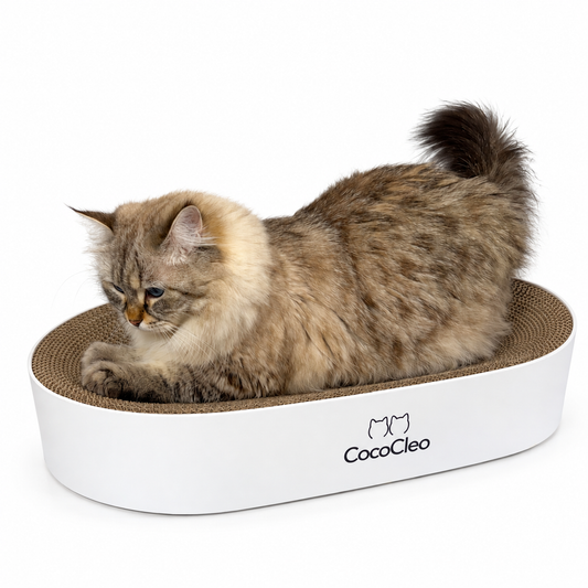 Katze im OVAL Kratzbett von CocoCleo mit ovaler Liegefläche aus Wellpappe
